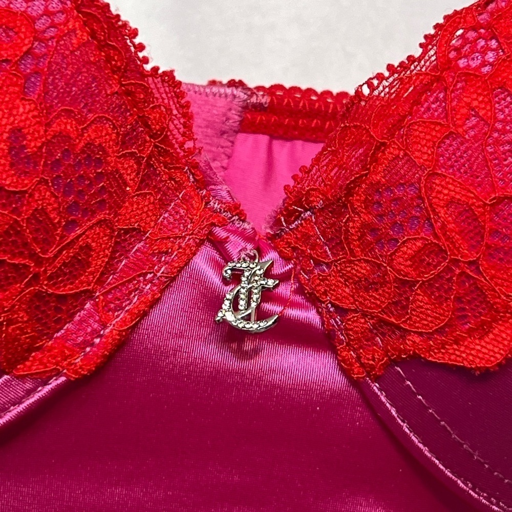 🩷❤️Juicy Couture 34B Bra Corset Push Up Hot Pink Red Satin Lace Underwire-NWT🩷❤️ - Picture 9 of 10